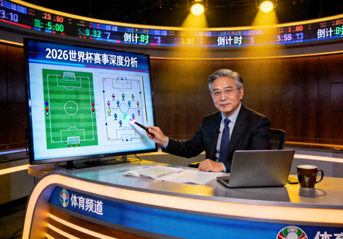 资深体育评论员在演播室中进行2026世界杯赛事深度分析的场景